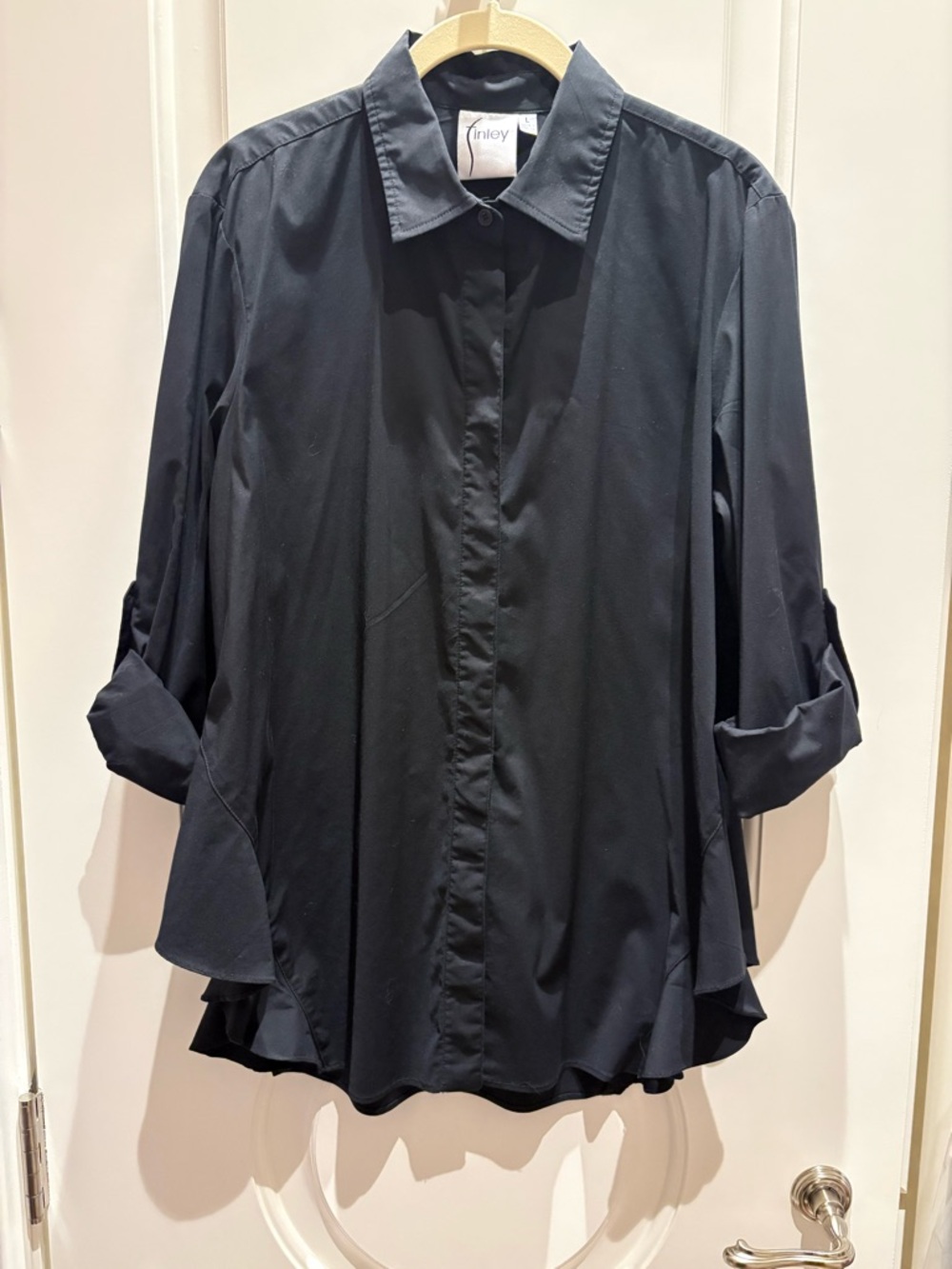 Finley Black Button-Down Roll-Sleeve Shirt with ruffle